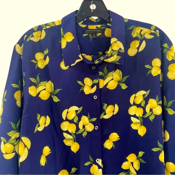 Banana Republic Navy BLue & Yellow Lemon Print Button Front Blouse XL - Picture 4 of 11